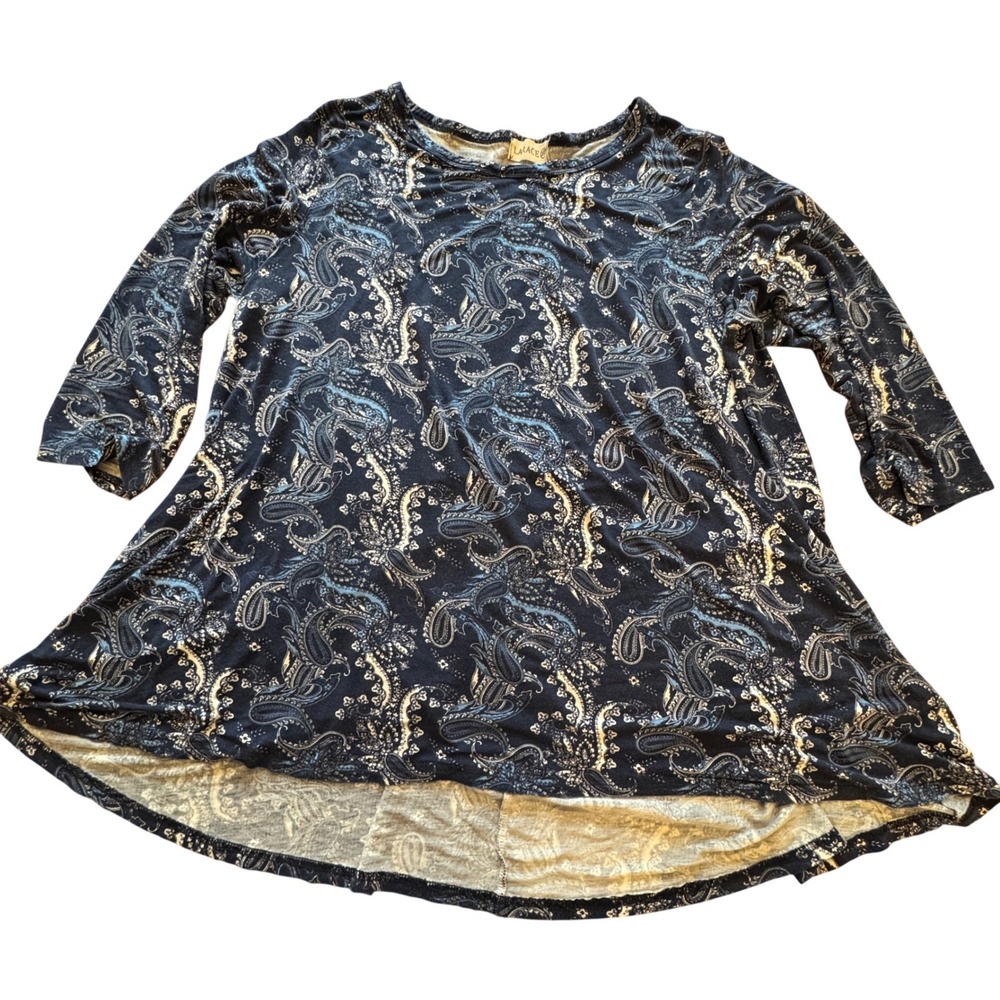 LARACE Tunic Top Womens 2X Blue Paisly Stretch Flowy Boho Swing Style Loose